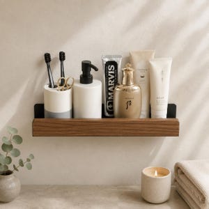 Massief houten badkamerplank | Wandrek | Zwevende plank zonder boren | Douche-organizer zonder boren | Toiletopbergrek