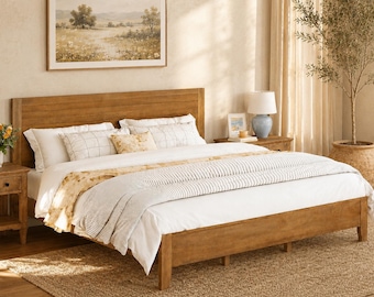 Solid Acacia Wood Bed Frame with Headboard, Heavy Duty Platform Bed, Noise Free Wooden Bed Frame, No Box Spring Needed