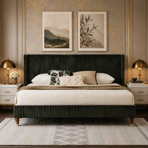 May include: A dark green velvet bed frame featuring a tall, vertical channel-tufted headboard and matching footboard. The bed is dressed with a white duvet, a textured beige throw, and several decorative pillows in white, beige, and green patterns.