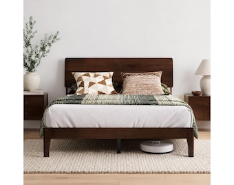 Walnut Solid Wood Bed Frame with Adjustable Storage Headboard, Platform Bed, Noise Free, No Box Spring Needed