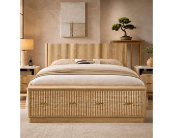 Wingback Bed Frame with Storage Bench, Wood Platform Bed with Drawers & Lift-Up Storage, Fluted Headboard