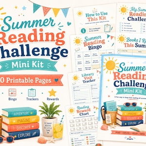 May include: A colorful Summer Reading Challenge Mini Kit with 10 printable pages. The image features a stack of books, a glass of lemonade, and various reading-themed printables, including a bingo card and reading reward chart.