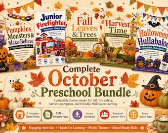 Oktober Vorschul-Themenpaket, Herbst-Halloween-Unterrichtspläne, Kindergarten-Aktivitäten, Kreiszeit, 150+ druckbare Seiten