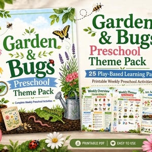 Może przedstawiać: Pakiet tematyczny dla przedszkolaków Garden & Bugs zawierający 25 stron do druku z nauką poprzez zabawę. Okładka przedstawia ilustracje kwiatów, lupy, konewki, gąsienicy i owadów. Zawiera przegląd tygodniowy oraz planer tygodniowy.