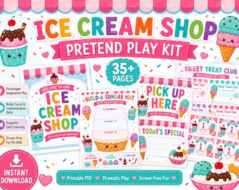 Ice Cream Shop Pretend Play Kit, druckbares Dramatisches Theaterstück für Kinder, Sommeraktivität PDF, Menü-Bestellschein, Spielgeld, Rollenspiel für Vorschulkinder 