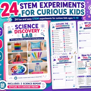 May include: A digital educational kit titled 24 STEM Experiments for Curious Kids, featuring a Science Discovery Lab guide, experiment lists, science notes, and explorer reports. The colourful layout includes icons of beakers, magnifying glasses, and stars, showcasing photos of a rainbow density jar, homemade slime, a volcano eruption, crystal rock candy, dancing milk, and a tornado in a bottle.