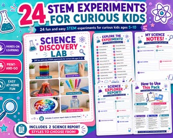 24 STEM-Experimente für Kinder im Alter von 5-10 Jahren, druckbare, naturwissenschaftliche Aktivitäten, Wissenschaftskit für Zuhause, STEM-Schule, Sommerlern-PDF