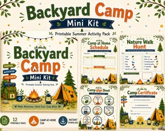 Backyard Camp Mini Kit zum Ausdrucken, Sommercamp zu Hause Aktivitätspaket für Kinder, Walk-Jagd, Camp-Planer, Abzeichen, Zertifikat PDF