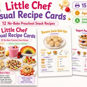 Op de afbeelding: Little Chef visuele receptkaarten met 12 no-bake snackrecepten voor kleuters. De set bevat 15 printbare pagina's voor kinderen van 3-5 jaar, direct te downloaden, met kleurrijke foto's van gerechten en eenvoudige stapsgewijze instructies.