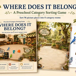 Può includere: Un gioco di smistamento per bambini in età prescolare intitolato WHERE DOES IT BELONG? con 8 tappetini a tema e 96 tessere illustrate. Il gioco include scene come una sala musica, un mercato alimentare, un garage e un giardino con vari uccelli.
