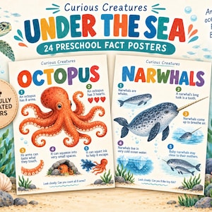 Pode incluir: Um conjunto de 24 cartazes educativos Curious Creatures Under The Sea para pré-escola com ilustrações coloridas de um polvo e narvais. Cada cartaz inclui textos informativos, factos numerados e gráficos marinhos como tartarugas e corais.