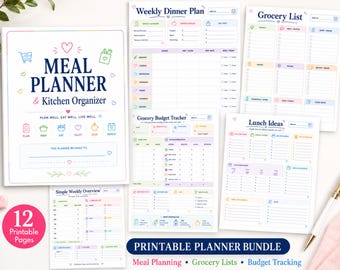 Einfacher Mahlzeitenplaner & Küchen Organizer, Printable Familien Essensplan, Lebensmittelliste, Meal Prep Seiten, Lebensmittelgeschäft Budget Tracker