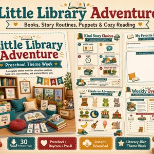 Little Library Adventure Preschool Theme Week, Book & Story Activities, Printable Pre-K Literacy Pack, Daycare Circle Time