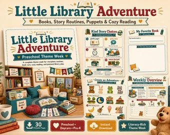 Kleine Bibliothek Abenteuer Vorschul-Themenwoche, Buch & Geschichten-Aktivitäten, druckbare Pre-K Alphabetisierungspaket, Kindertagesstätten-Kreiszeit