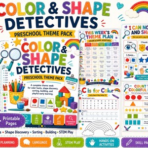 May include: A preschool theme pack titled Color & Shape Detectives featuring 25+ printable pages. The educational set includes activity sheets for color hunts, shape discovery, sorting, building, and STEM play, decorated with colorful graphics.