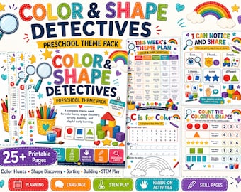 Farbe und Form Detektive Vorschule Themenpaket, Farben Formen druckbare Aktivitäten, PreK Arbeitsblätter, Vorschule STEM