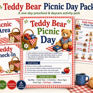 Picknickdagpakket teddybeer | Voorschoolse kinderopvang, één volledige geplande themadag, kringtijd, decor, teddy-naamkaartjes, vaardigheidspagina's