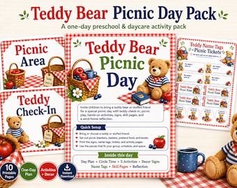 Teddybär-Picknick-Tagesrucksack | Vorschulkindergarten-Aktivitäten, Ein vollständig geplanter Thementag, Kreiszeit, Dekor, Teddy-Namensschilder, Geschicklichkeitsseiten