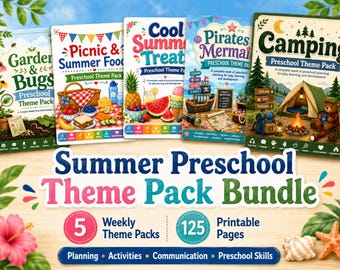 Sommer-Vorschul-Themenpaket-Bundle, 5 Wochenstundenpläne, Tagesstätten-Aktivitäten, Circle Time, Vorschul-Drucksachen, Pre K Lernwoche PDF