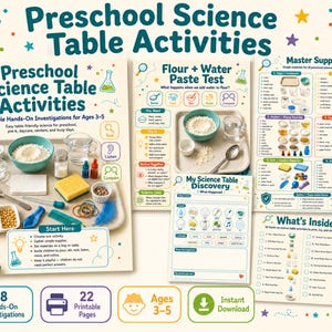Könnte beinhalten: Ein Set aus druckbaren wissenschaftlichen Aktivitäten für den Kindergarten mit 18 praktischen Untersuchungen für 3- bis 5-Jährige. Die Seiten enthalten eine Materialliste, eine Anleitung für Mehl-Wasser-Tests, ein Arbeitsblatt und eine Checkliste.