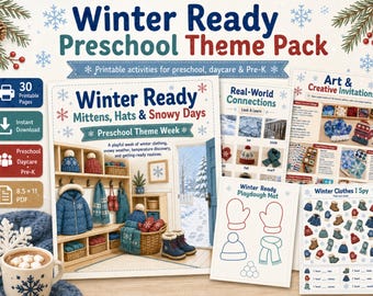Winter bereites Vorschul-Themenpaket, Winterkleidungsaktivitäten, Handschuhe, Hüte, Schnee zum Ausdrucken, Vorschulkindergarten Pre-K Winter-Unterrichtsplan PDF