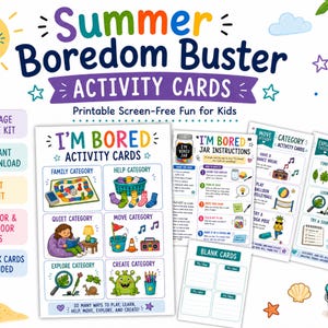 May include: Printable "Summer Boredom Buster Activity Cards" for children, featuring a mini kit and instant download. Includes activity cards with categories such as family, help, and explore, offering screen-free fun.