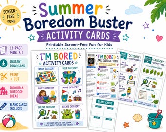 Sommer Langeweile Buster Aktivitätskarten druckbar, Bildschirmfreie Kinderaktivitäten, ich bin gelangweilt Glas, Sommeraktivitätskarten, Kinder Sommerspaß PDF