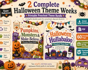 Halloween Vorschul-Thema-Bundle | 2 Komplette Themenwochen | Druckbare Kindergarten Pre-K-Aktivitäten, Kreiszeit, Planungs- und Fertigkeitsseiten