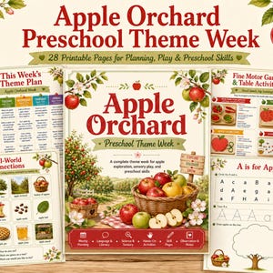Può includere: Una raccolta di 28 pagine stampabili intitolata Apple Orchard Preschool Theme Week, contenente attività educative, piani di lezione e schede didattiche con illustrazioni di mele rosse e verdi, alberi di mele e cesti di frutta.