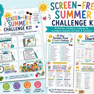 Screen Free Summer Kit for Kids, Printable Activity Planner, Boredom Buster Cards, Screen Time Tracker, Summer Challenge PDF