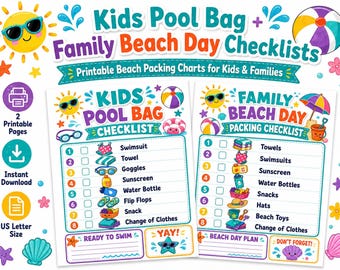 Kinder Pool Tasche Checkliste und Familien Strand Tag Packliste, druckbare Strand Checkliste, Sommer Packtabelle für Kinder