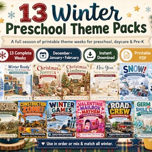 May include: A digital collection titled 13 Winter Preschool Theme Packs featuring printable educational materials for December, January, and February. The image displays thirteen individual theme covers including topics like Christmas, snow, and dinosaurs.