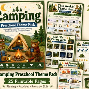 Campingvecka förskoletemapaket, utskrivbara aktiviteter för dagis, veckovis lektionsplan för dagis, campingarbetsblad, rundstund, bildkort