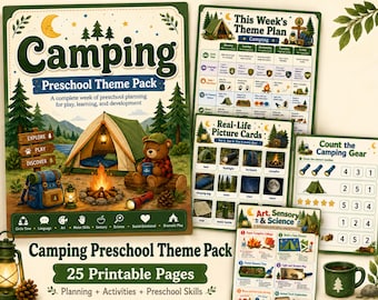 Camping Woche Vorschul-Thema Paket, druckbare Kindergarten-Aktivitäten, wöchentlicher Kindergarten-Unterrichtsplan, Camping Arbeitsblätter, Kreiszeit, Bildkarten