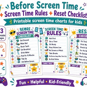 May include: Colorful printable screen time charts for kids. The charts include checklists for before screen time, screen time rules, and a reset checklist. The design features cartoon suns, stars, and a game controller. The text includes "Instant Download" and "US Letter Size."
