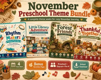 November Vorschule Themen-Bundle | 4 Wöchentliche Unterrichtspläne, Herbstaktivitäten, Kindertagesstätten Pre-K Printable, Dankbarkeit Musikbücher Waldtiere