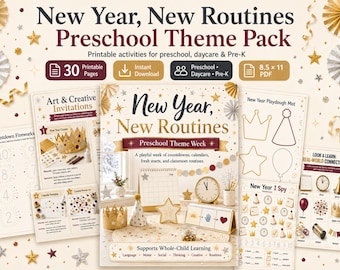 Neujahr Vorschule Themenpaket | Januar Kita-Aktivitäten | Pre-K Printables | PDF mit Countdown, Routinen & Winter-Lernen