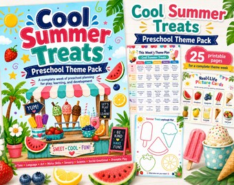 Coole Sommer-Leckereien Vorschul-Themenpaket, druckbare Sommer-Vorschulaktivitäten, Wochenplanung für die Kindertagesstätte, Circle Time, Feinmotorik, SEL