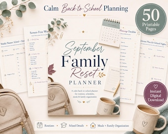 September Familien-Reset-Planer, Back to School Familienplaner, Eltern-Schuljahr-Organisator, Routine, Mahlzeit, Stundenplan und Schulinformationen zum ausdrucken