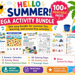 May include: A digital download bundle titled "HELLO SUMMER! MEGA ACTIVITY BUNDLE." The image shows a smiling sun with sunglasses, a calendar, activity sheets, and coloring pages. Includes 100+ printable pages for summer fun and learning. Metric measurements are used.