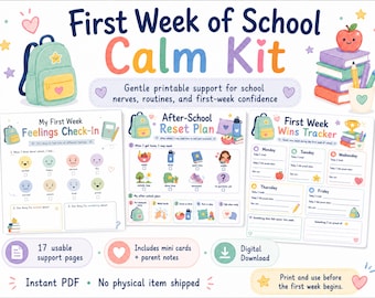 Erste Schulwoche Calm Kit Druckbare, Back to School Support Seiten für Kinder, Schule Nerven, Routinen, Gefühle Karten, sofort Download