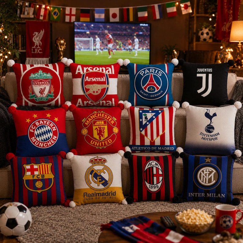 K&ouml;nnte beinhalten: Eine Sammlung von zw&ouml;lf quadratischen Dekokissen mit den Logos und Farben verschiedener Profifu&szlig;ballmannschaften, darunter Liverpool, Arsenal, Paris Saint-Germain, Juventus, Bayern M&uuml;nchen, Manchester United, Atletico Madrid, Tottenham, Barcelona, Real Madrid, AC Milan und Inter Mailand.