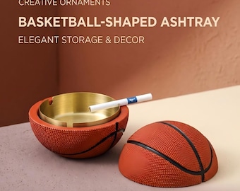 Basketball Ashtray with Lid, Concrete Sports Fan Gift for Him, Brass Insert Cool Weed Ashtray, Cigar Ash Tray for Man Cave Desk Decor