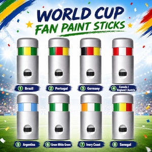 Puede incluir: Ocho barras de pintura facial cilíndricas plateadas etiquetadas como World Cup Fan Paint Sticks. Cada barra presenta una banda de color giratoria que representa las banderas nacionales de Brasil, Portugal, Alemania, Canadá, Inglaterra, Austria, Argentina, Nigeria, Costa de Marfil y Senegal.
