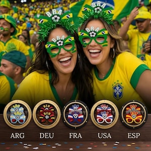 Op de afbeelding: Twee lachende mensen dragen gele shirts en groene brillen met voetbalontwerpen. Daaronder vijf decoratieve brillen met landenvlaggen: ARG, DEU, FRA, USA en ESP. De menigte draagt geel en groen.