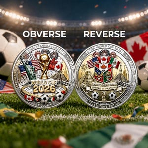 Peut inclure: Deux faces d'une pièce commémorative de la Coupe du Monde de la FIFA 2026. L'avers montre le trophée, la Statue de la Liberté et des pyramides avec USA | CANADA | MEXICO et WORLD CUP 2026. Le revers présente un blason, des drapeaux et UNITED IN PASSION.