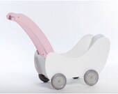 Wooden Dolls Stroller, Pram, Buggy White and Pink, Wooden Cart, White Pushchair, White Toy, Stroller Toy, Doll Buggy