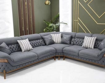Modern Tufted Grey Sectional Sofa - Elegant Chesterfield Inspired Modular Couch with Walnut Wood Accents