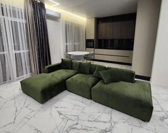 Modernes modulares Samtsofa, grünes Schnittsofa | Minimalistische Low Profil Wohnzimmer Möbel