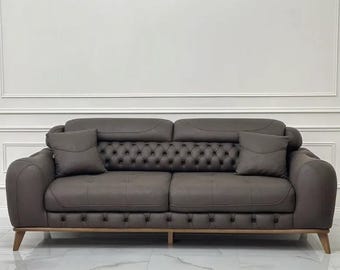 Chocolate Brown Chesterfield Sofa – Tufted Living Room Furniture with Wood Base